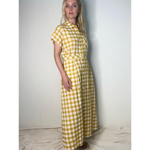 WHISTLES Illana Checkered Mustard & Cream Maxi Shirt Dress US 8 - Picture 7 of 11